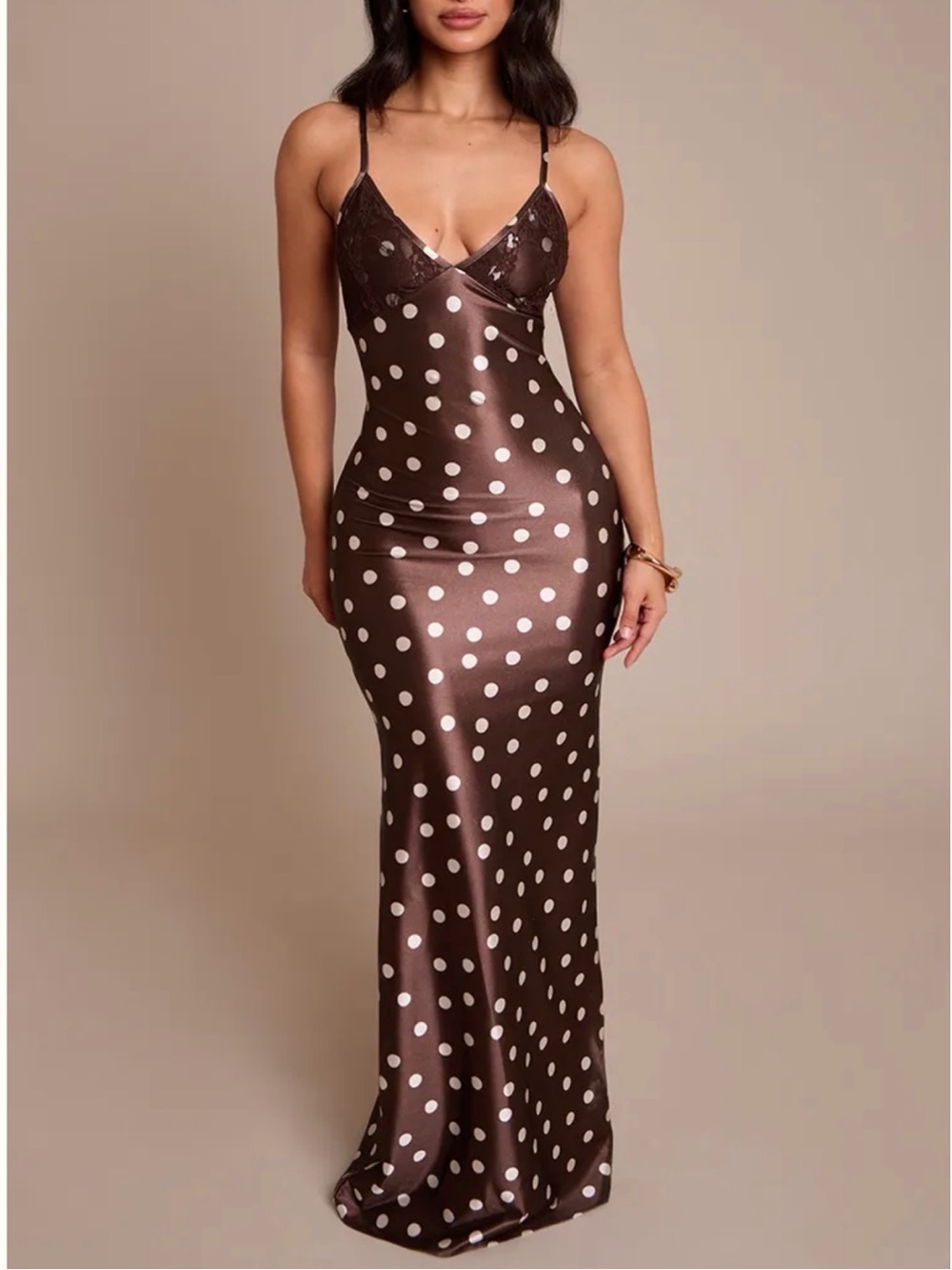 PrettyLittleThing Brown & White Polka Dot Maxi Slip Dress